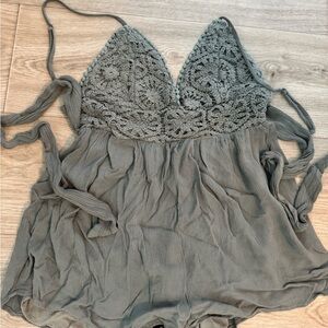 Crochet-Top Halter Romper in Dusty Sage